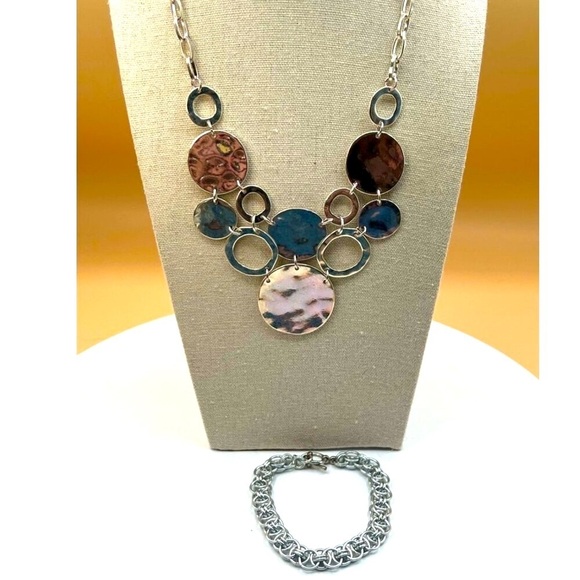 Silver Tone Circle Pendant Necklace & Link Bracelet Set.  N38 - Picture 1 of 15